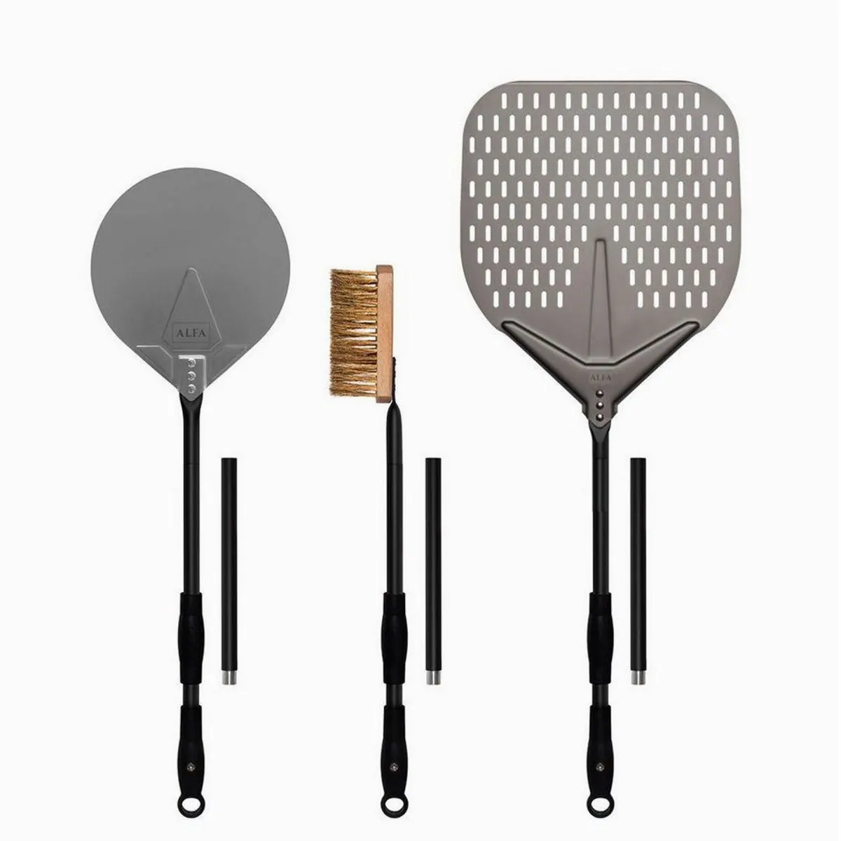 Alfa Forni Pizzaschaufel Set Large, Ø 35 cm Schaufel, Edelstahl Wender, Reinigungsbürste
