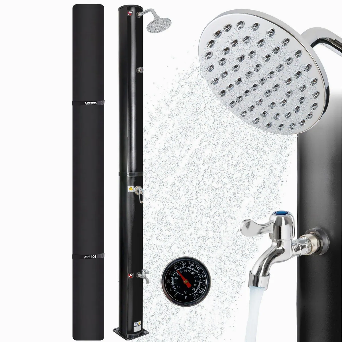 Arebos Solardusche 40 Liter, 220 cm, integriertes Thermometer, Fußdusche
