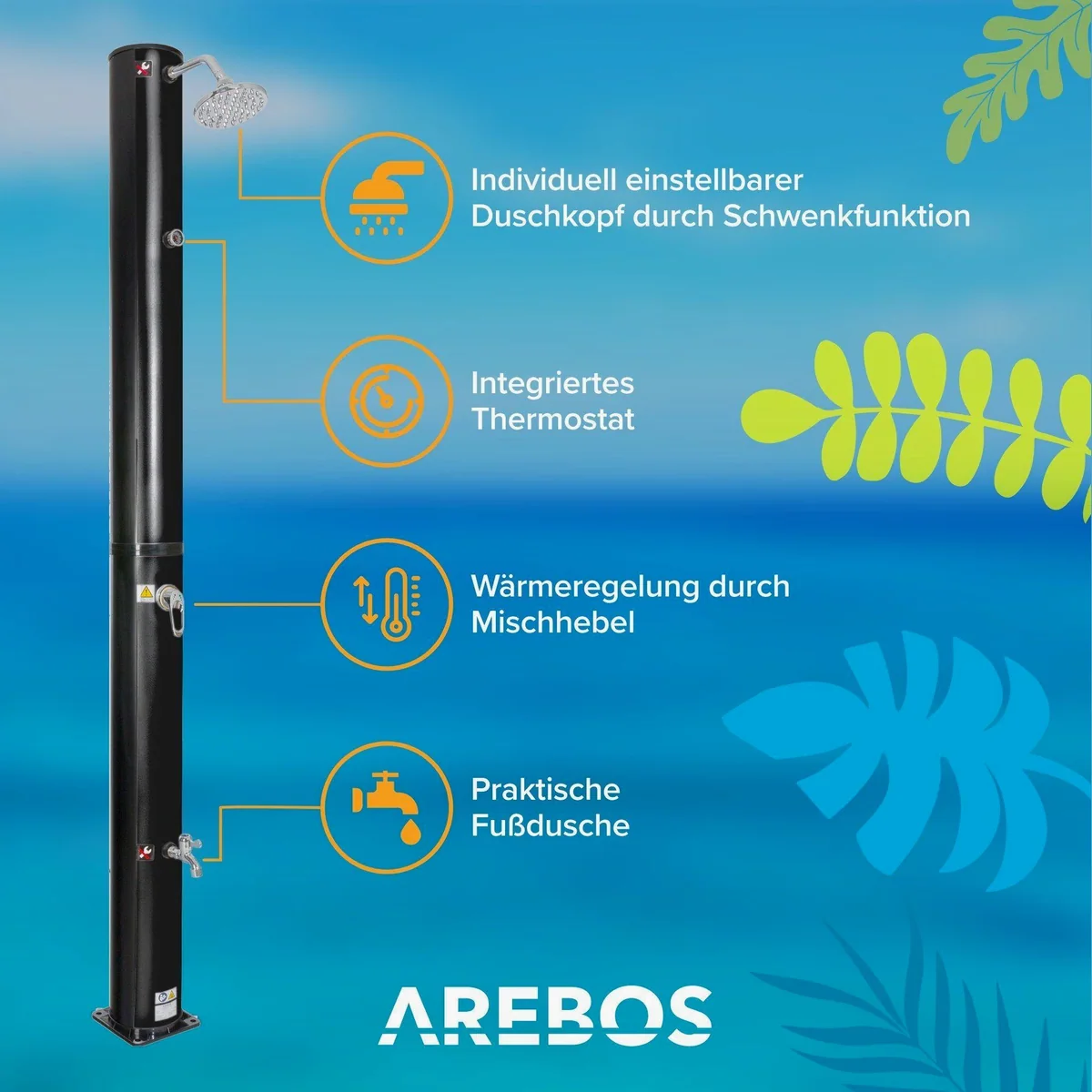 Arebos Solardusche 40 Liter, 220 cm, integriertes Thermometer, Fußdusche 3