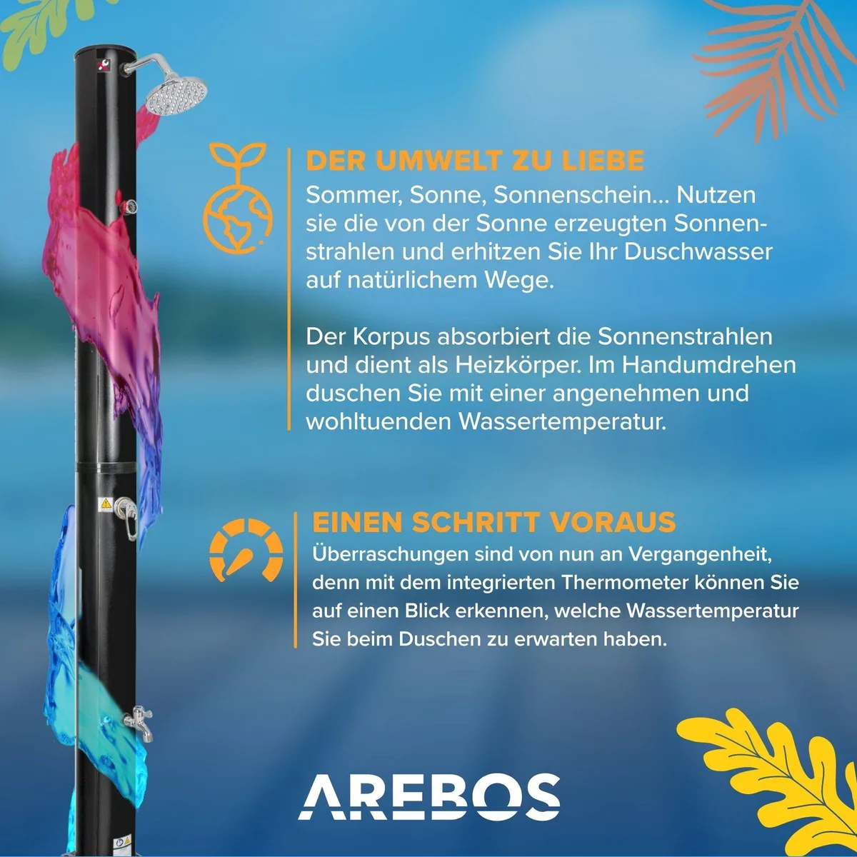 Arebos Solardusche 40 Liter, 220 cm, integriertes Thermometer, Fußdusche 5