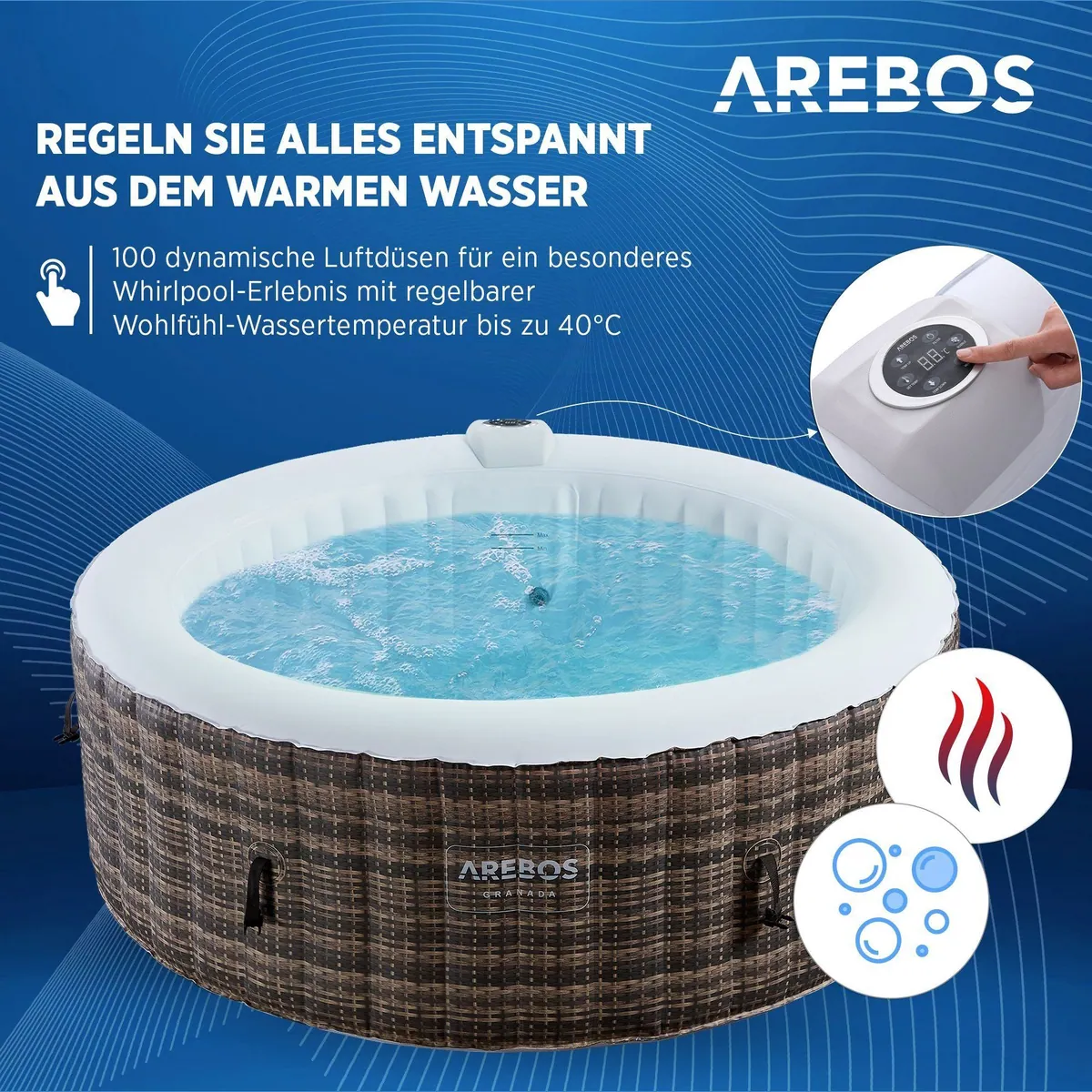Arebos Aufblasbarer Whirlpool, 4 Personen, ⌀ 180 cm, 100 Massagedüsen 3