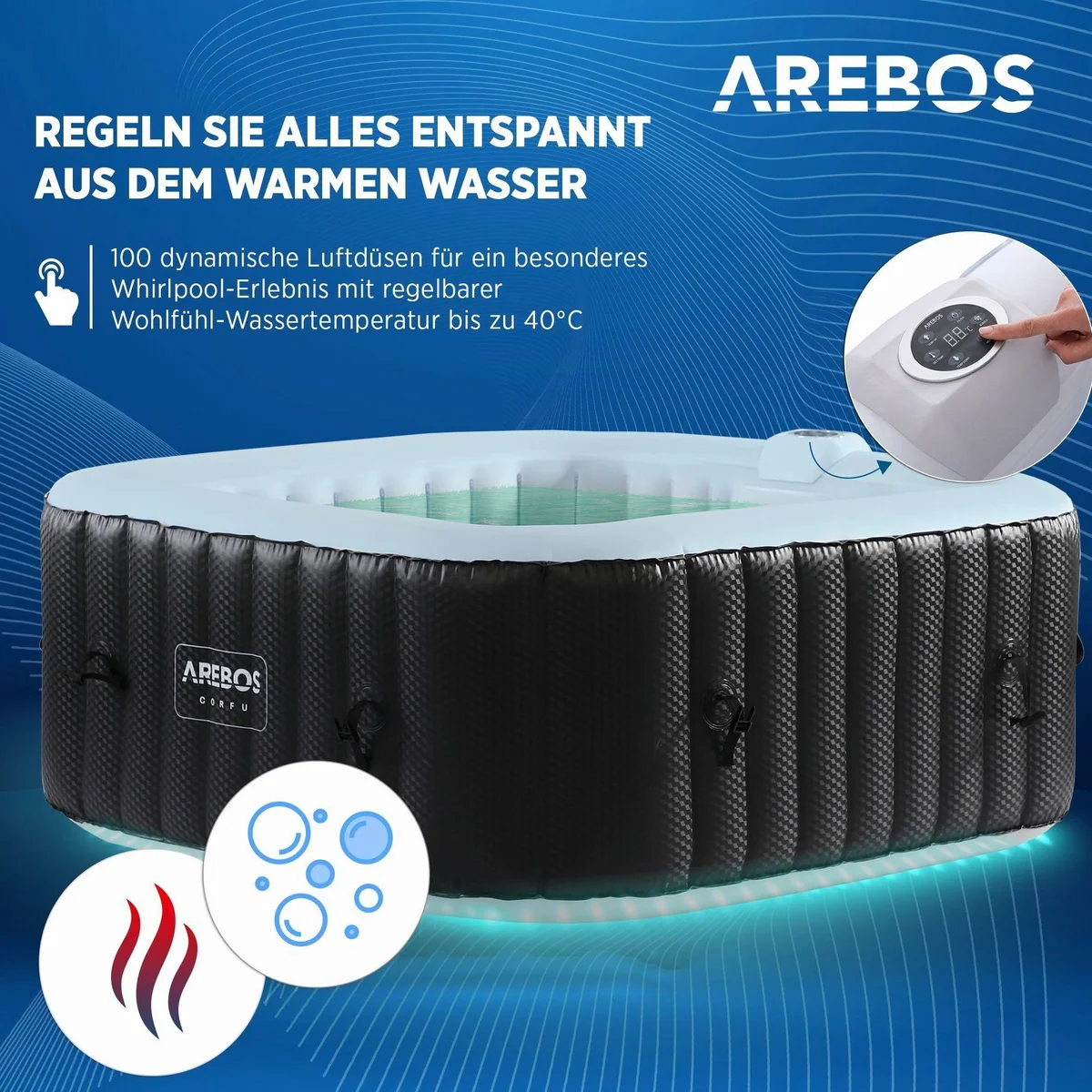 Arebos Whirlpool AR-HE-SPA4SLH, 154 cm, 100 Massagedüsen, LED-Beleuchtung 3