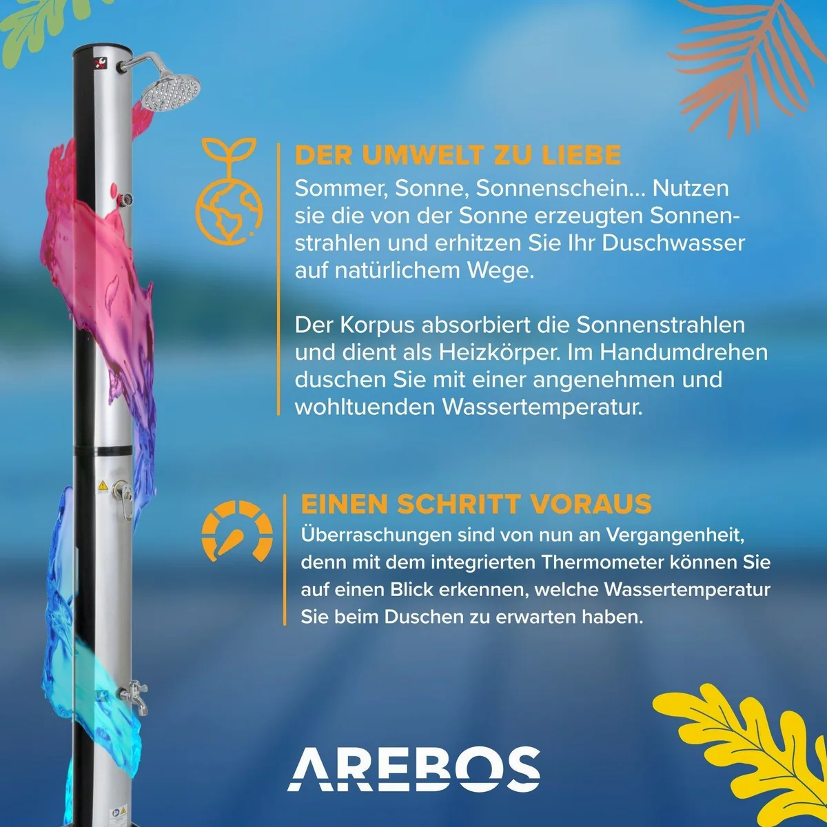 Arebos Solardusche 40L & Bodenelement, integriertes Thermometer, Fußdusche 5