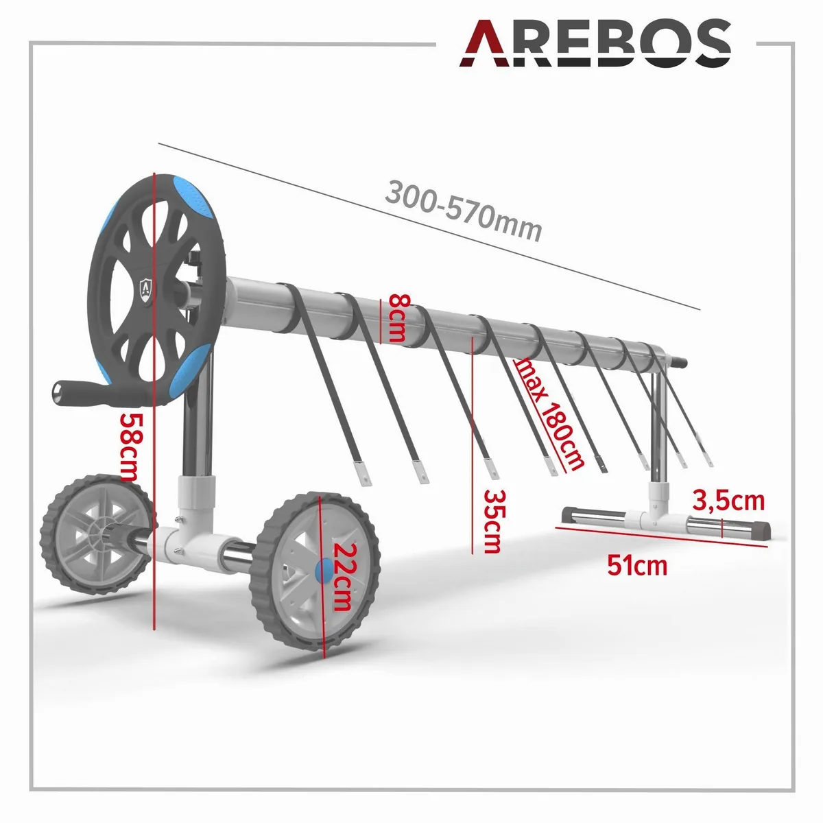 Arebos Pool Aufroller, Länge 3 - 5,7 m, Aluminium, inkl. Räder und Befestigung 4