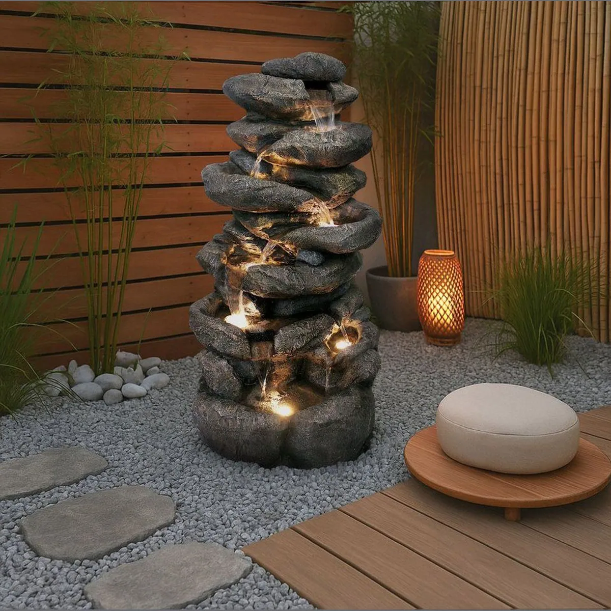 Arnusa BK902 Gartenbrunnen, 100 cm Höhe, 8 Wasserfälle, LED-Beleuchtung 5