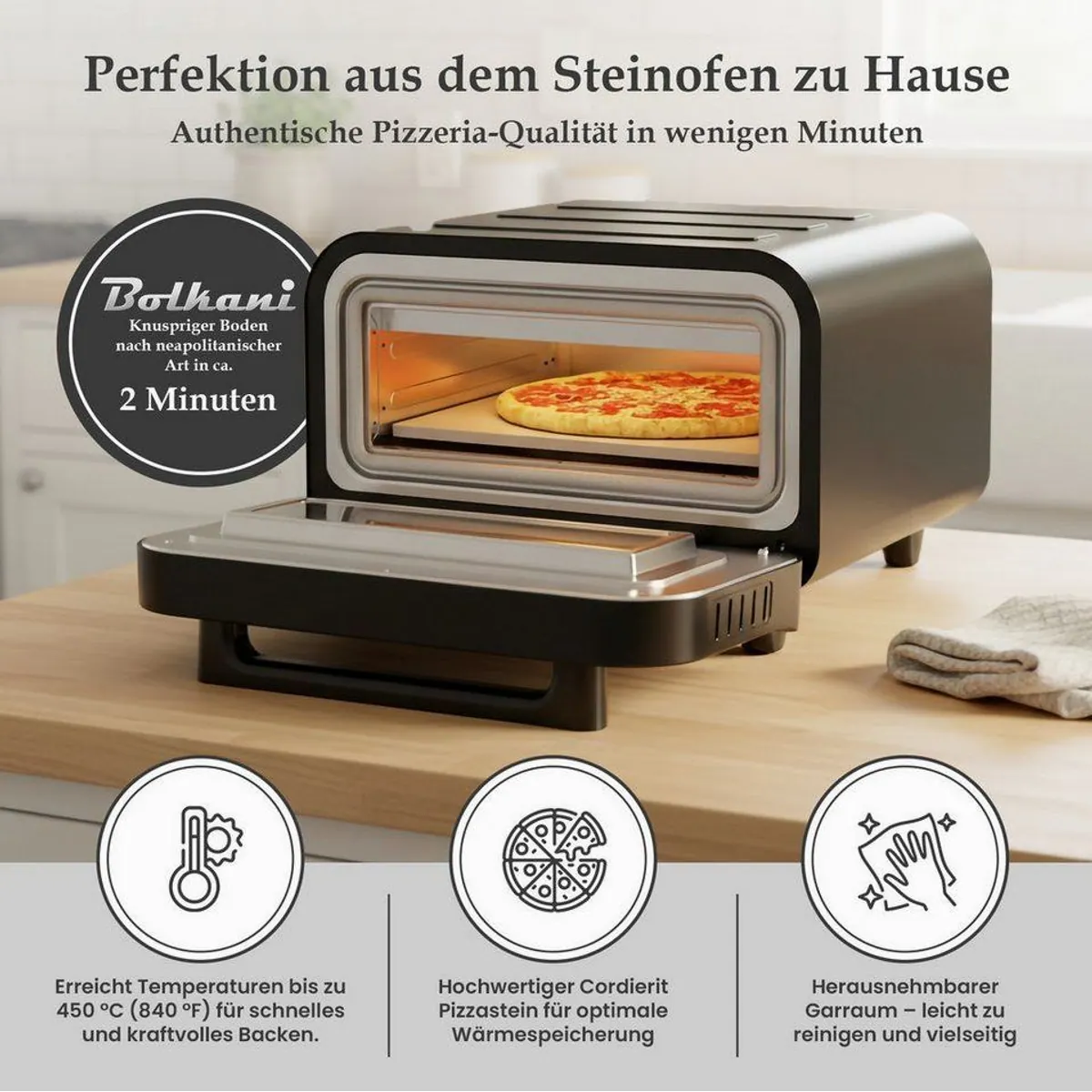Bolkani PM120T Pizzaofen, 450 °C, Pizzastein, Timer 4