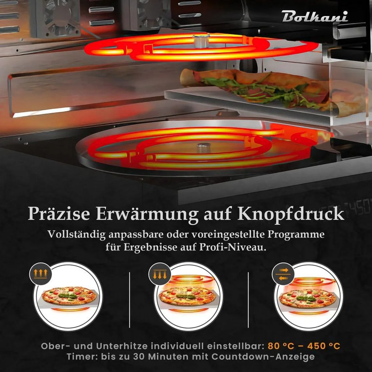 Bolkani PM120T Pizzaofen, 450 °C, Pizzastein, Timer 5