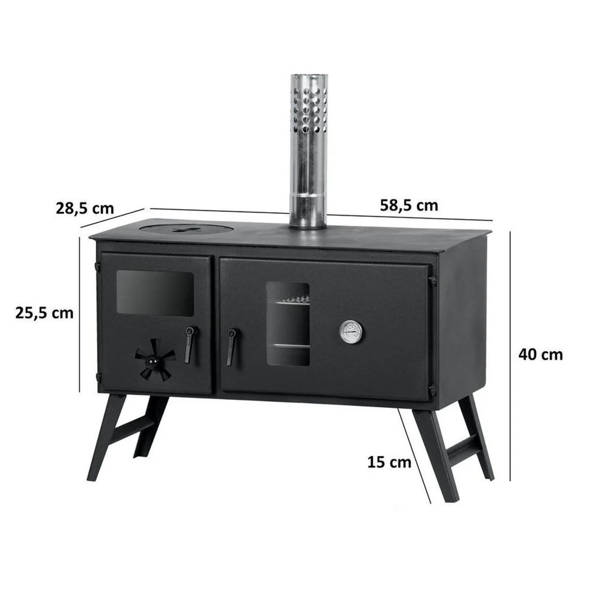 CampFeuer Zeltofen, 28,5 x 58,5 x 260 cm, 3 kW Leistung, Backfach mit Thermometer 2
