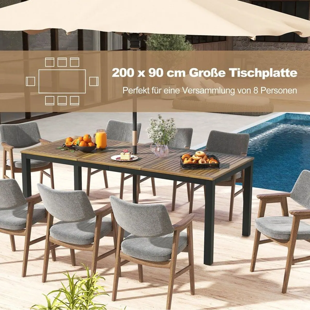 COSTWAY Gartentisch, Akazienholz Esstisch für 8 Personen, 200 cm mit Schirmloch 3