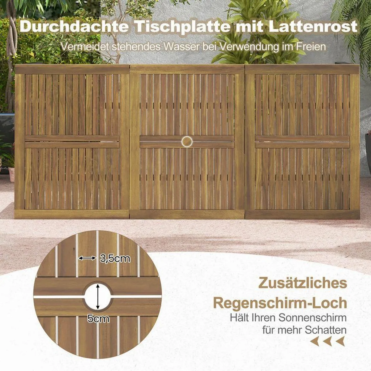 COSTWAY Gartentisch, Akazienholz Esstisch für 8 Personen, 200 cm mit Schirmloch 4