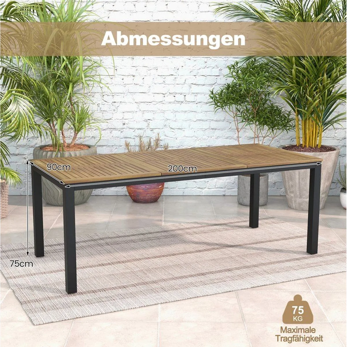COSTWAY Gartentisch, Akazienholz Esstisch für 8 Personen, 200 cm mit Schirmloch 5