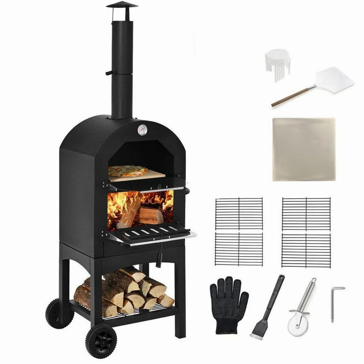 COSTWAY Pizzaofen, Holzofen outdoor, schnelle Vorheizzeit & umfangreiches Zubehör