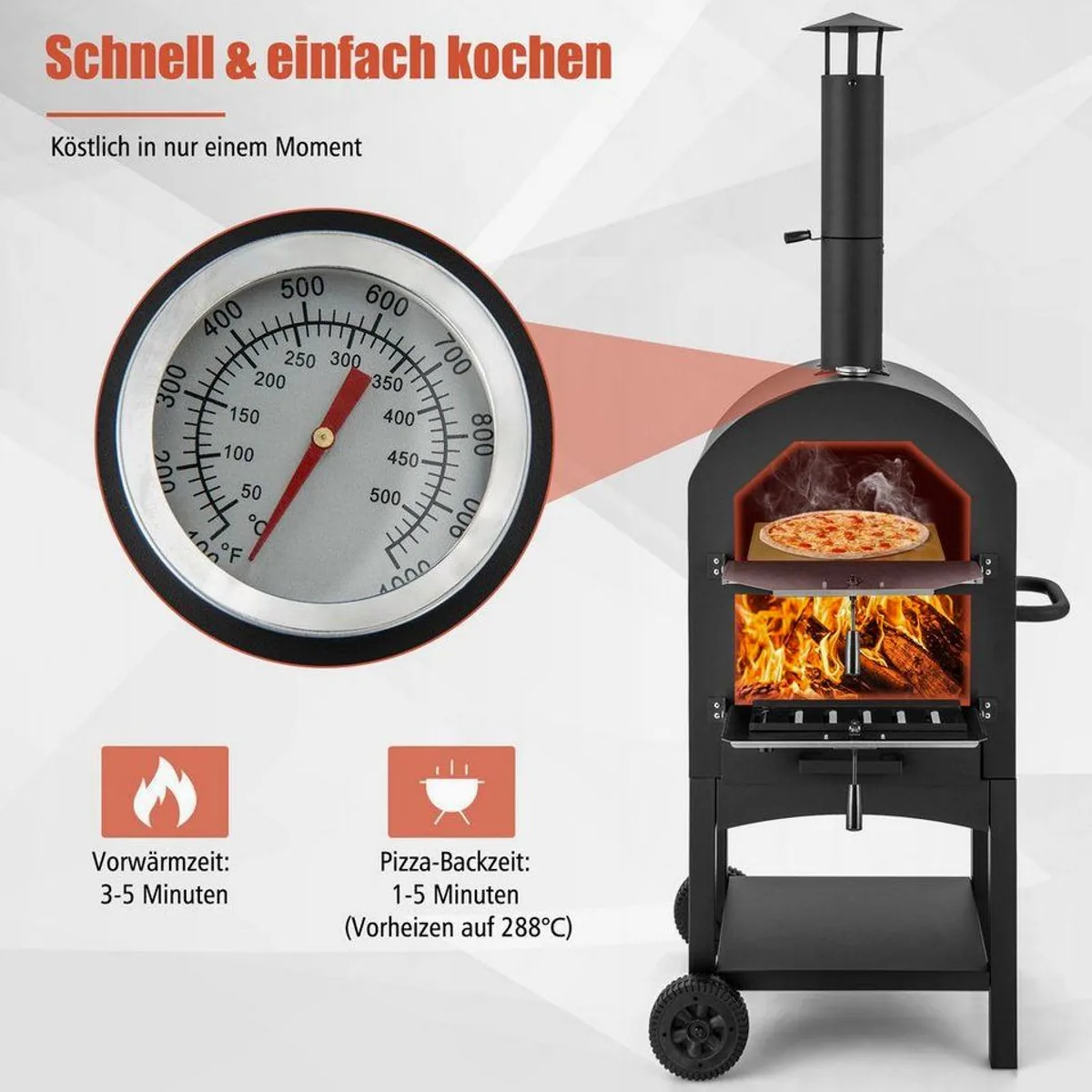 COSTWAY Pizzaofen, Holzofen outdoor, schnelle Vorheizzeit & umfangreiches Zubehör 2
