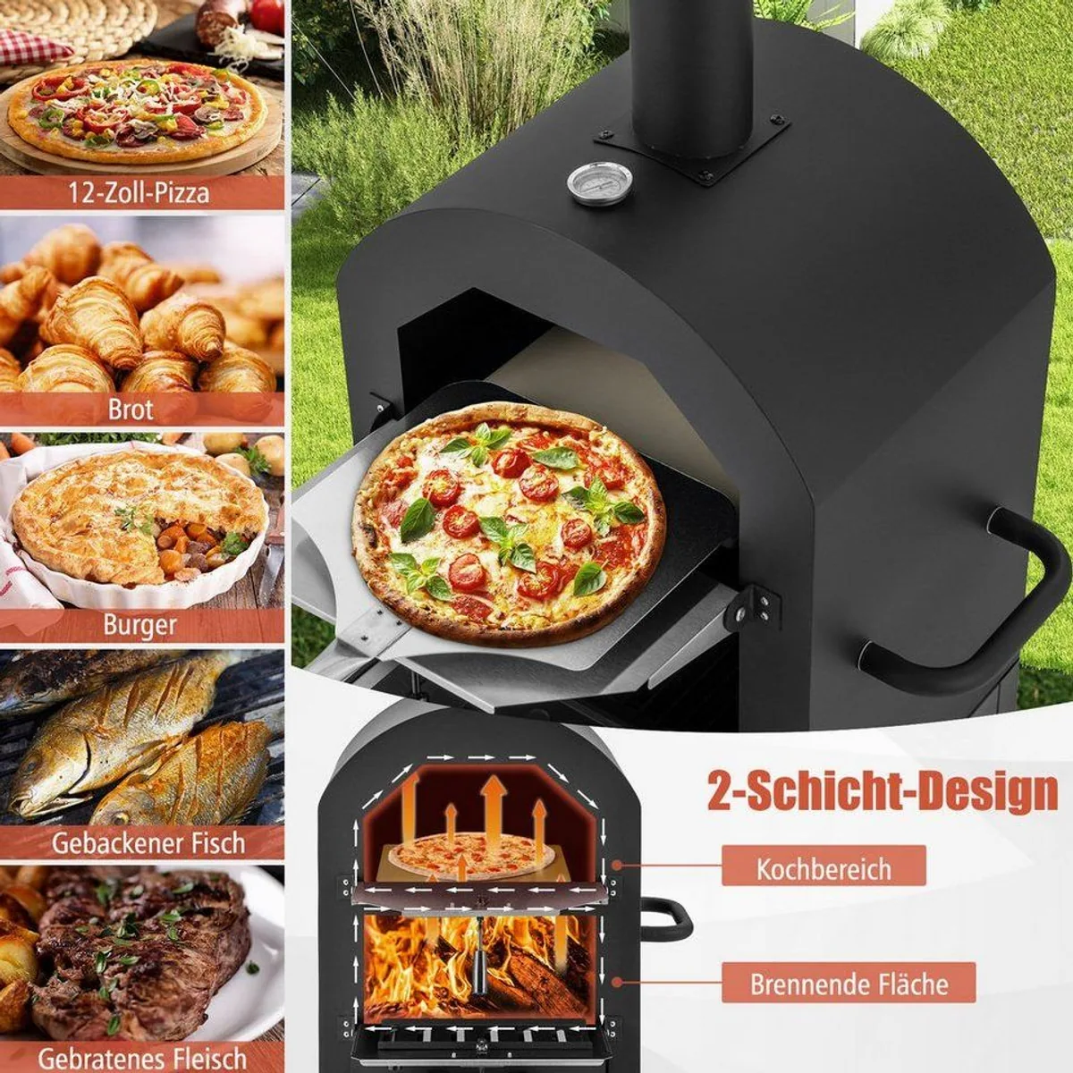 COSTWAY Pizzaofen, Holzofen outdoor, schnelle Vorheizzeit & umfangreiches Zubehör 3