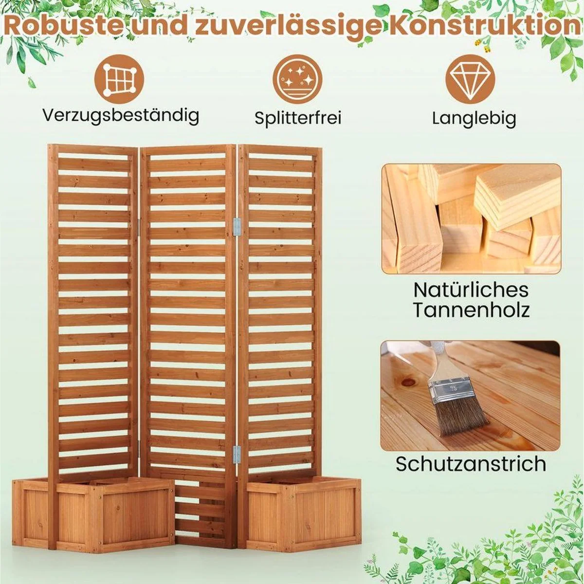 COSTWAY Paravent mit Pflanzkästen, 3-teilig, Massivholz, faltbar und wetterfest 2