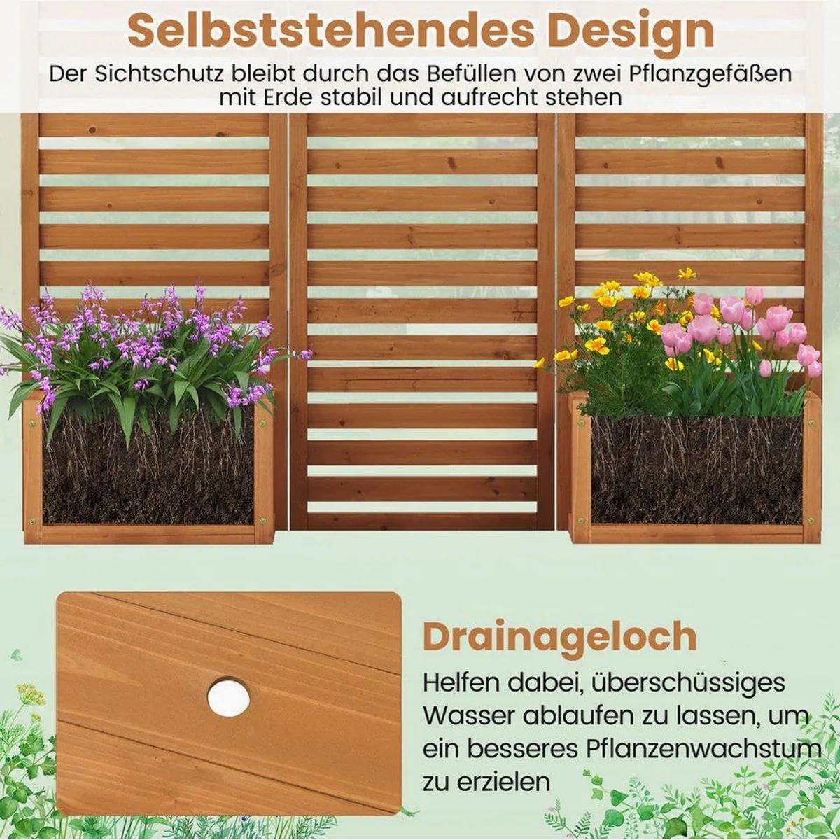 COSTWAY Paravent mit Pflanzkästen, 3-teilig, Massivholz, faltbar und wetterfest 4