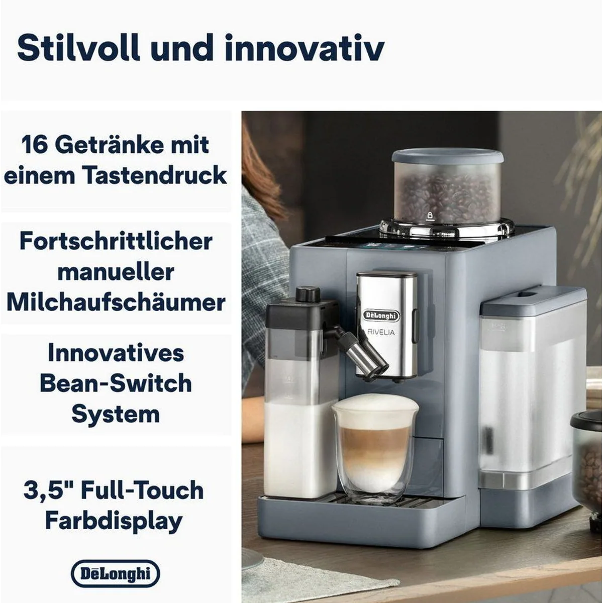 De'Longhi Rivelia EXAM440.55.G, 16 Kaffee-Rezepte, 2 Bohnenbehälter, Touchdisplay 3