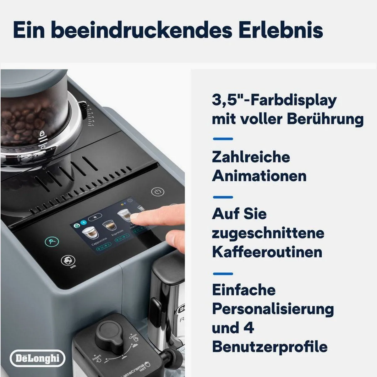 De'Longhi Rivelia EXAM440.55.G, 16 Kaffee-Rezepte, 2 Bohnenbehälter, Touchdisplay 5
