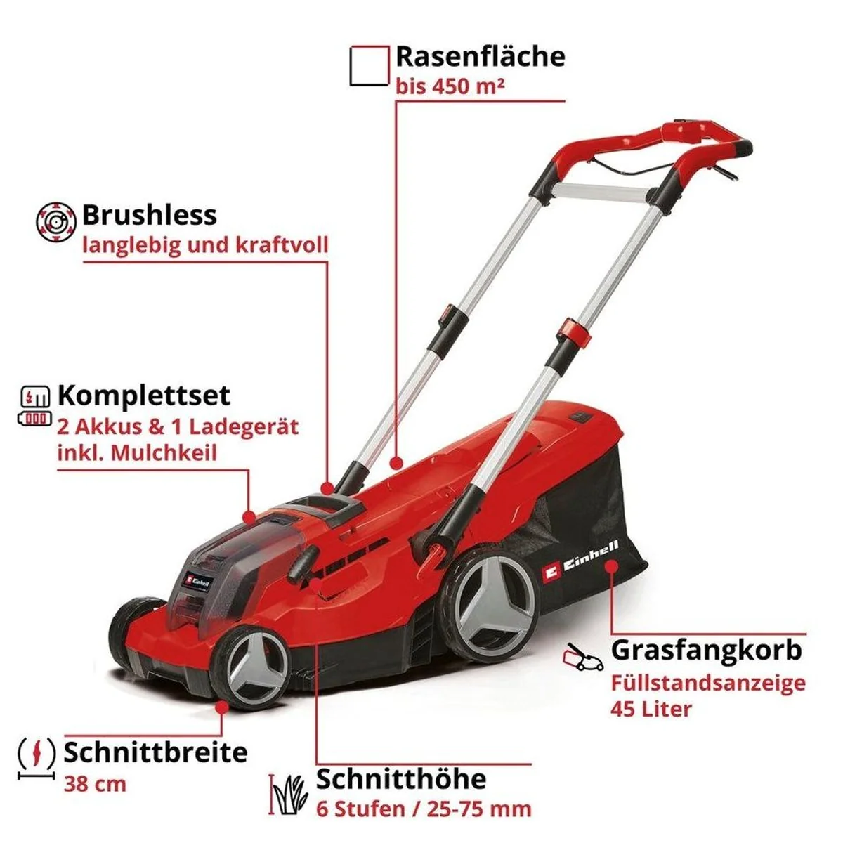 Einhell GP-CM 36/450 Akku-Rasenmäher, 38 cm Schnittbreite, 2 x 4 Ah Akku, Twincharger 3