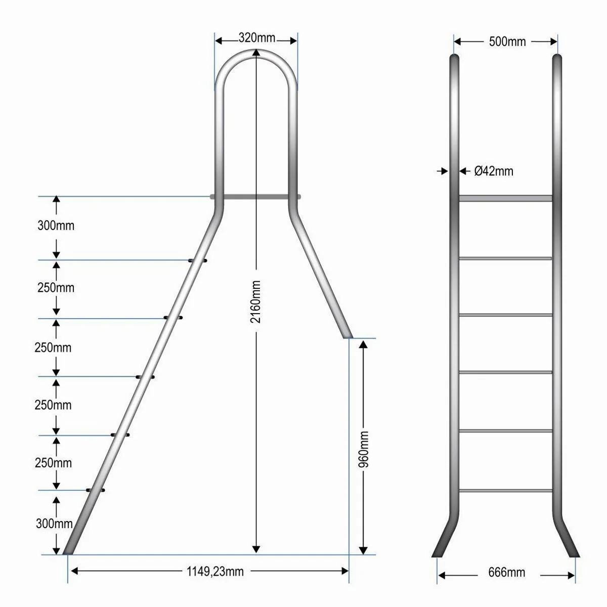 EVOLUTION Poolleiter Evolution, Edelstahl, 5 Stufen, Plattform — max. Tragfähigkeit 120 kg 2