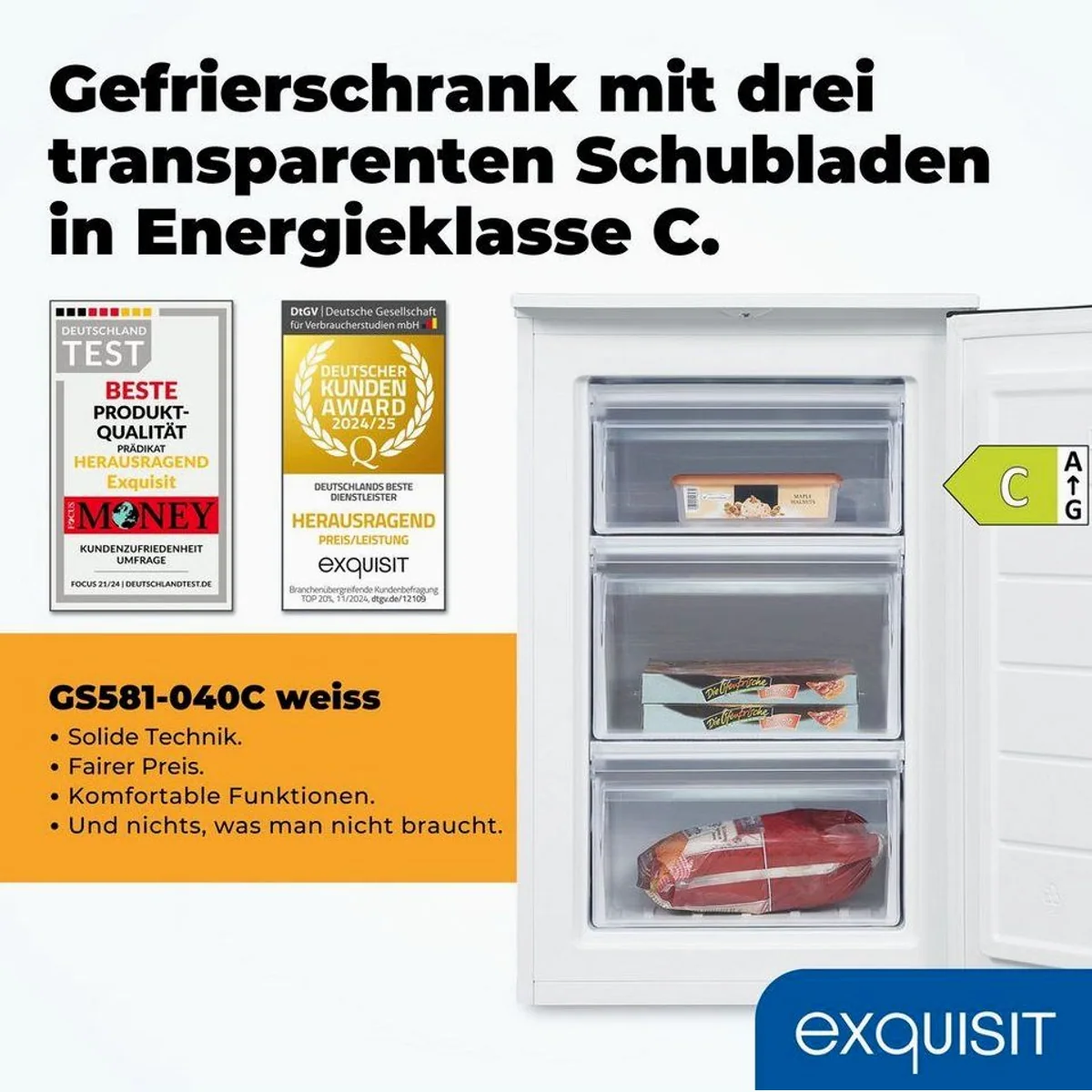 exquisit GS581-040C Gefrierschrank, 87 Liter, 3 Schubladen, 40 dB, EEK C 2