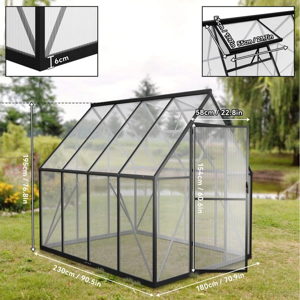 FIVMEN Gewächshaus ALU, 4 mm Polycarbonatplatten, Aluminiumrahmen, 180 x 230 x 195 cm 2
