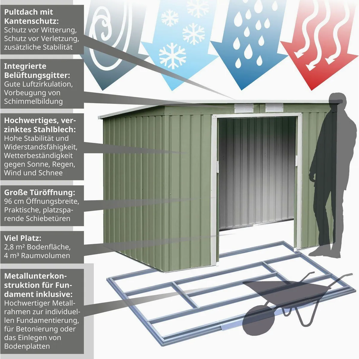 HATTORO P100 Gartenhaus, BxT: 213x130 cm, Pultdach, verzinktes Stahlblech, grün 4