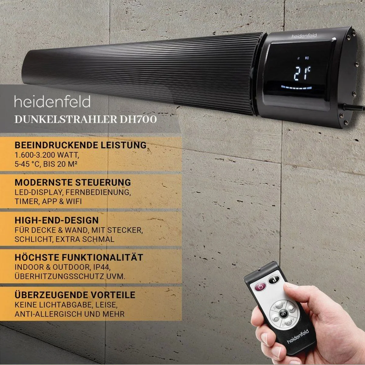 Heidenfeld Inferno DH700 Heizstrahler, 3200 W, App Steuerung, IP44 Schutzklasse 2