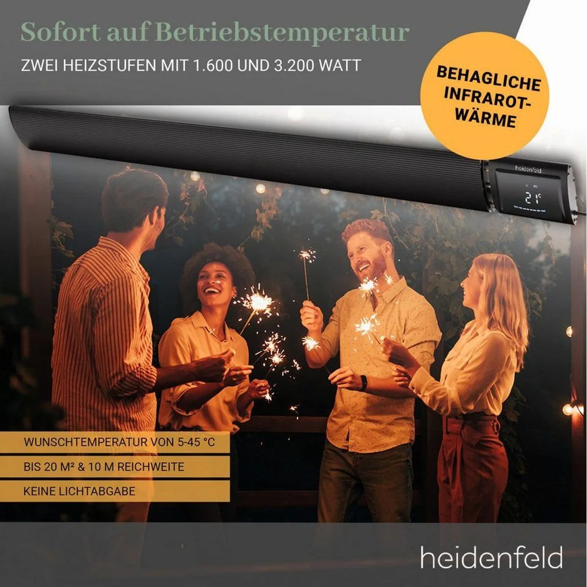 Heidenfeld Inferno DH700 Heizstrahler, 3200 W, App Steuerung, IP44 Schutzklasse 3