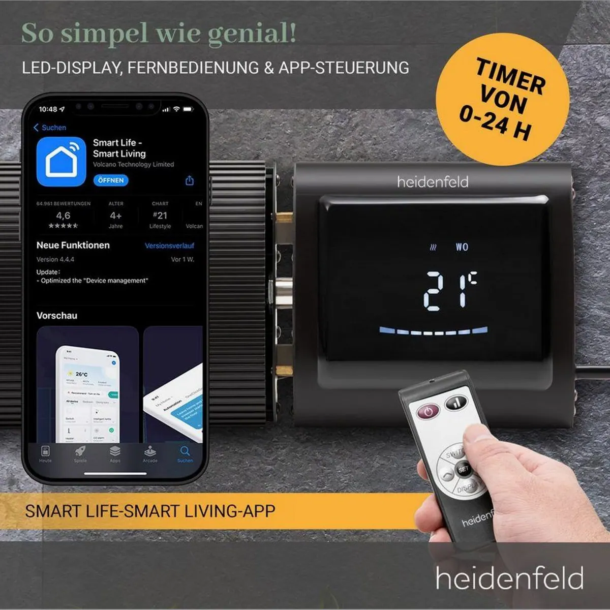 Heidenfeld Inferno DH700 Heizstrahler, 3200 W, App Steuerung, IP44 Schutzklasse 4