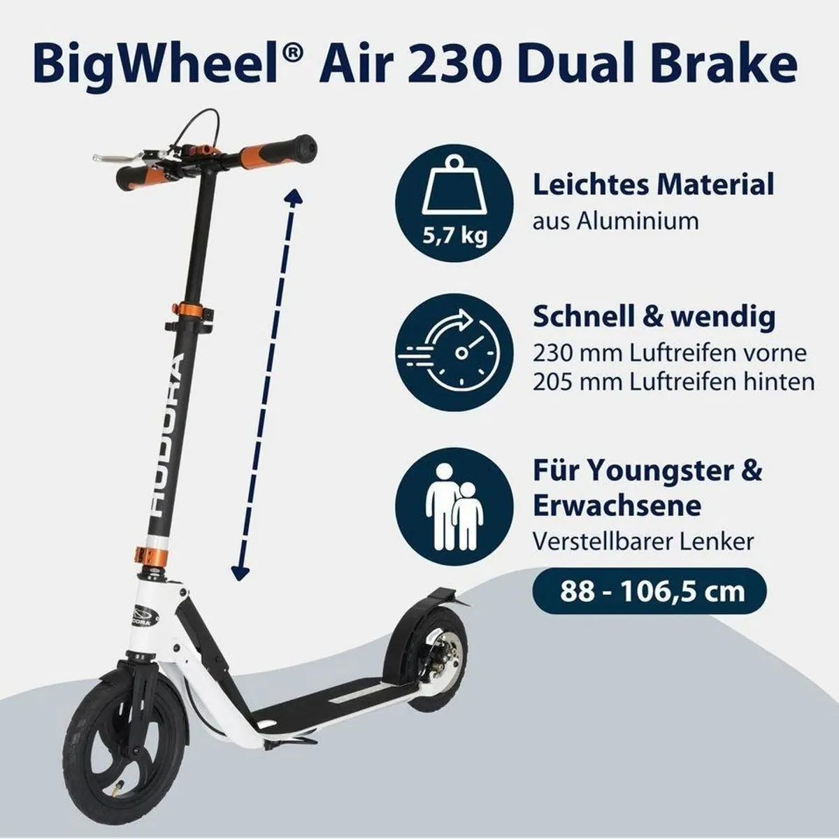 Hudora BigWheel Air 230 Dual Brake Scooter, 230 mm Luftreifen, höhenverstellbar, faltbar 2
