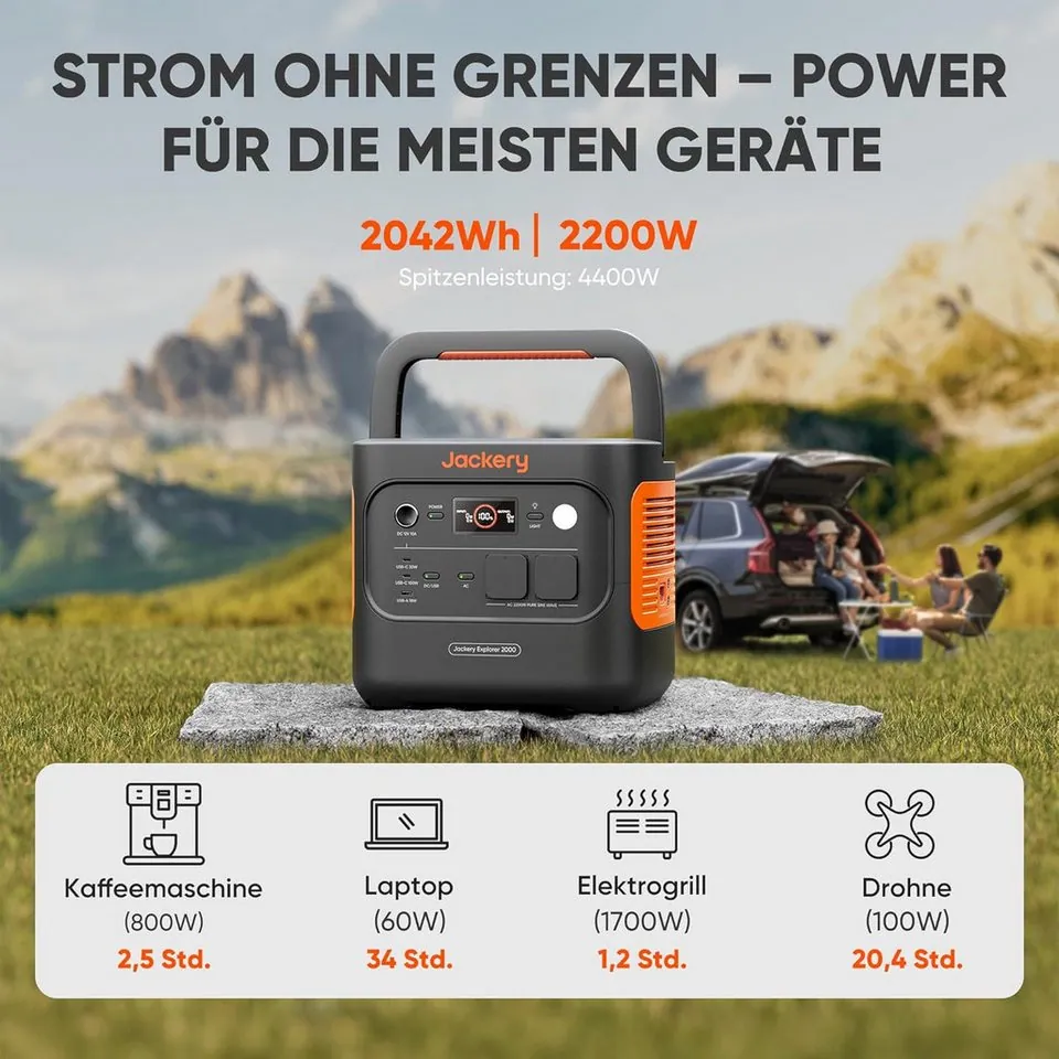 Jackery Explorer 2000 v2 Powerstation, 2042Wh Kapazität, 2200W Leistung, tragbar und solarbetrieben 4