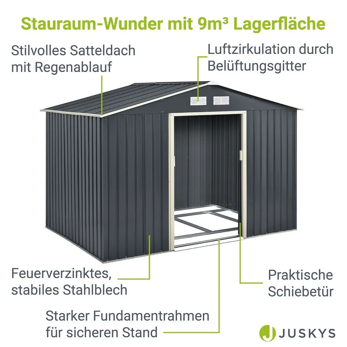 Juskys Gartenhaus XL, 277x191 cm, Satteldach, Schiebetür, 9 m³ 3