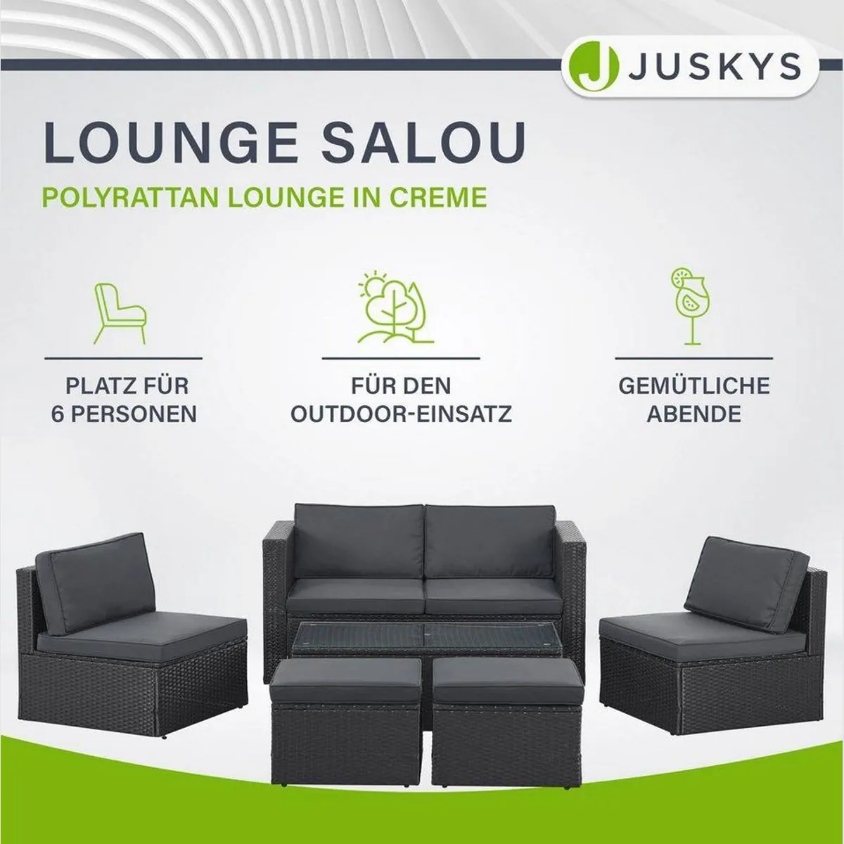Juskys Gartenlounge-Set Salou, 6-tlg, für 6 Personen, wetterfest, Polyrattan, pulverbeschichteter Stahl 2