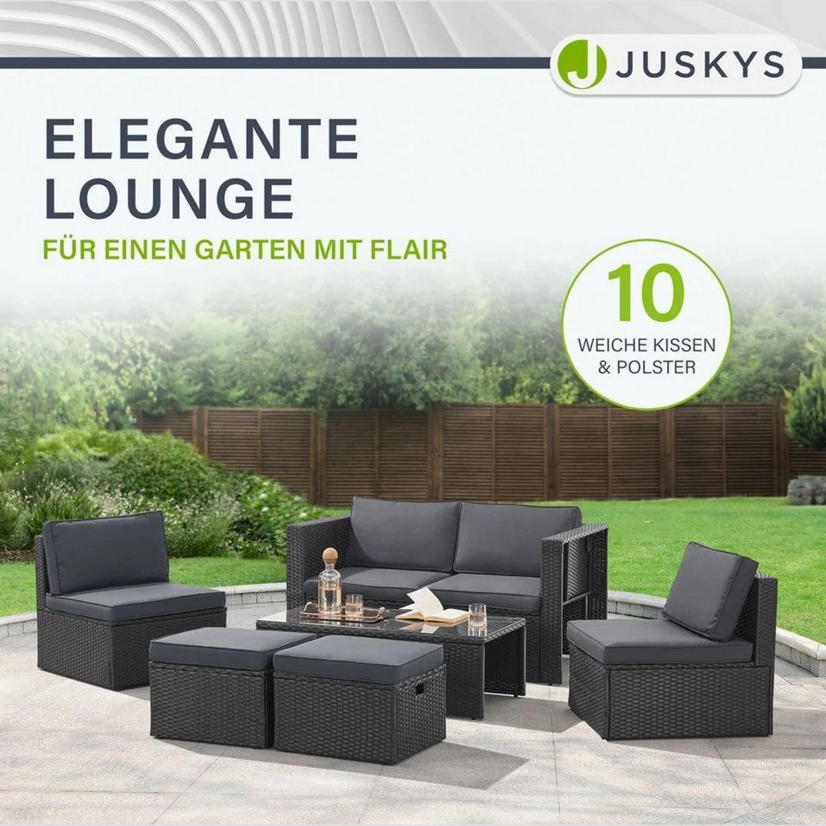 Juskys Gartenlounge-Set Salou, 6-tlg, für 6 Personen, wetterfest, Polyrattan, pulverbeschichteter Stahl 4