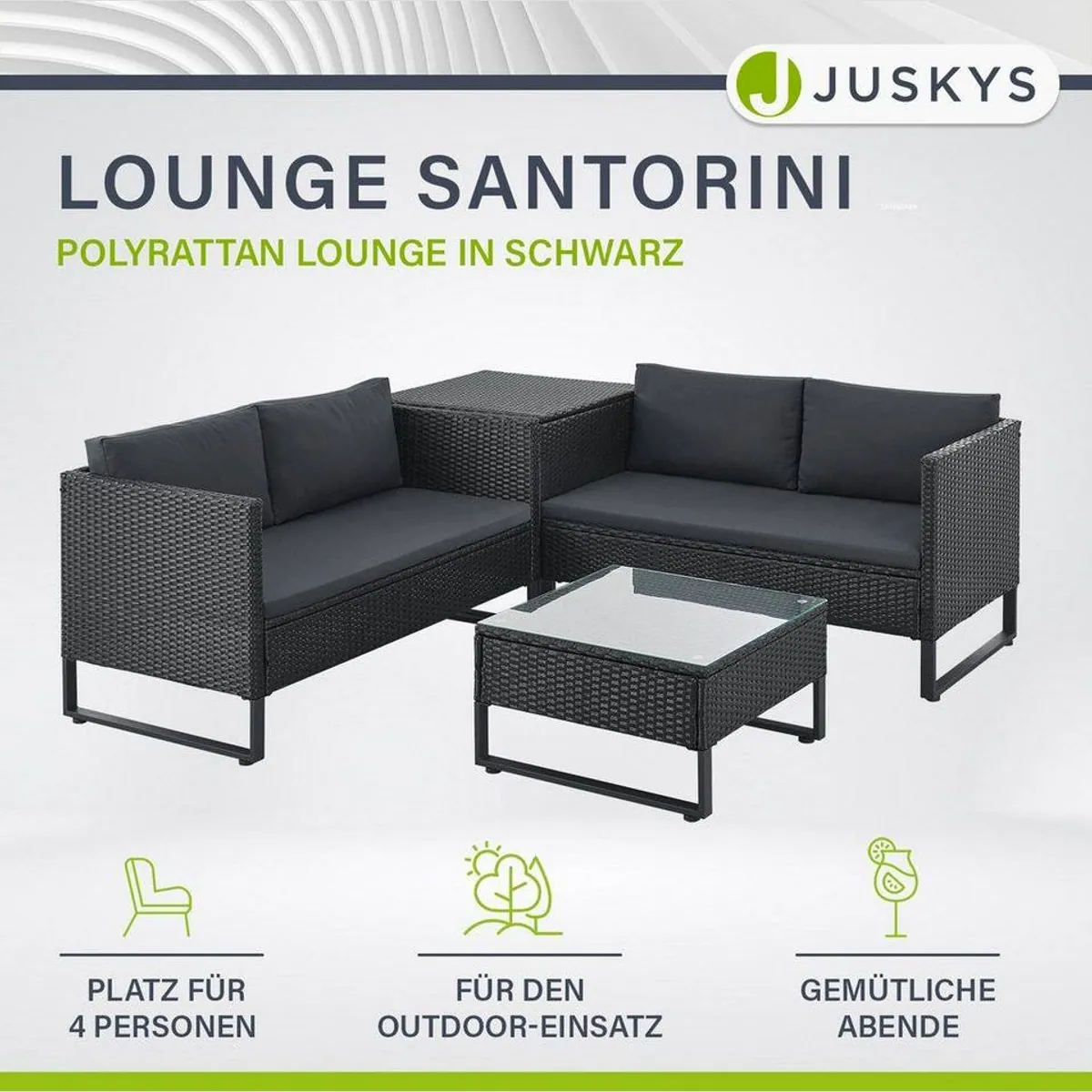 Juskys Santorini Gartenlounge-Set, 4-tlg., wetterfest, modular, inkl. Auflagenbox 2