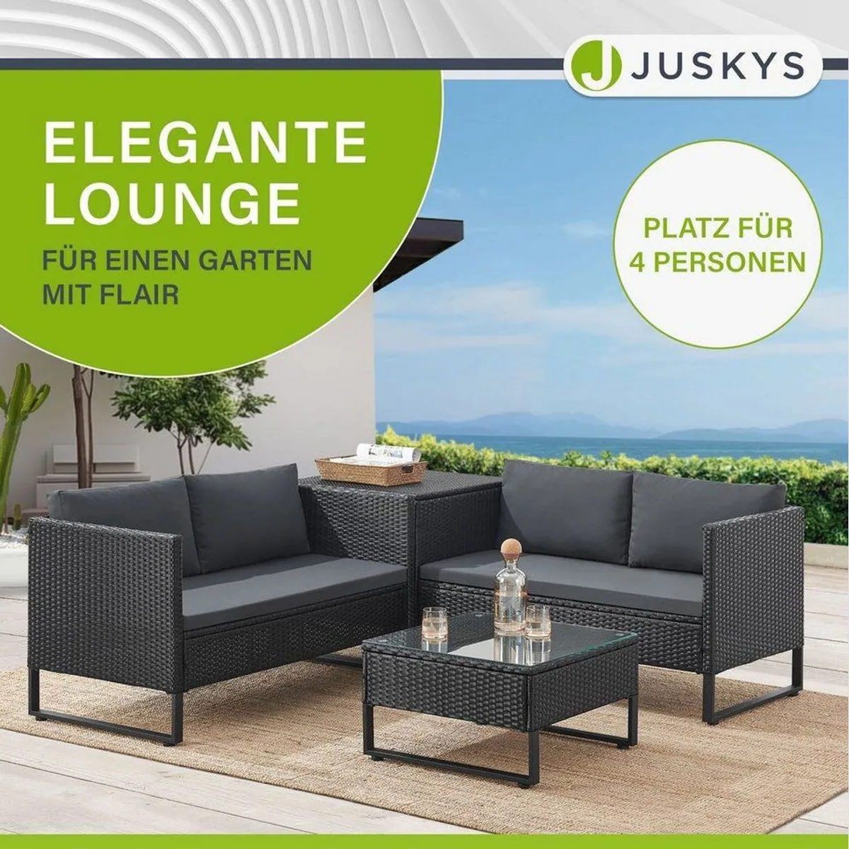 Juskys Santorini Gartenlounge-Set, 4-tlg., wetterfest, modular, inkl. Auflagenbox 4