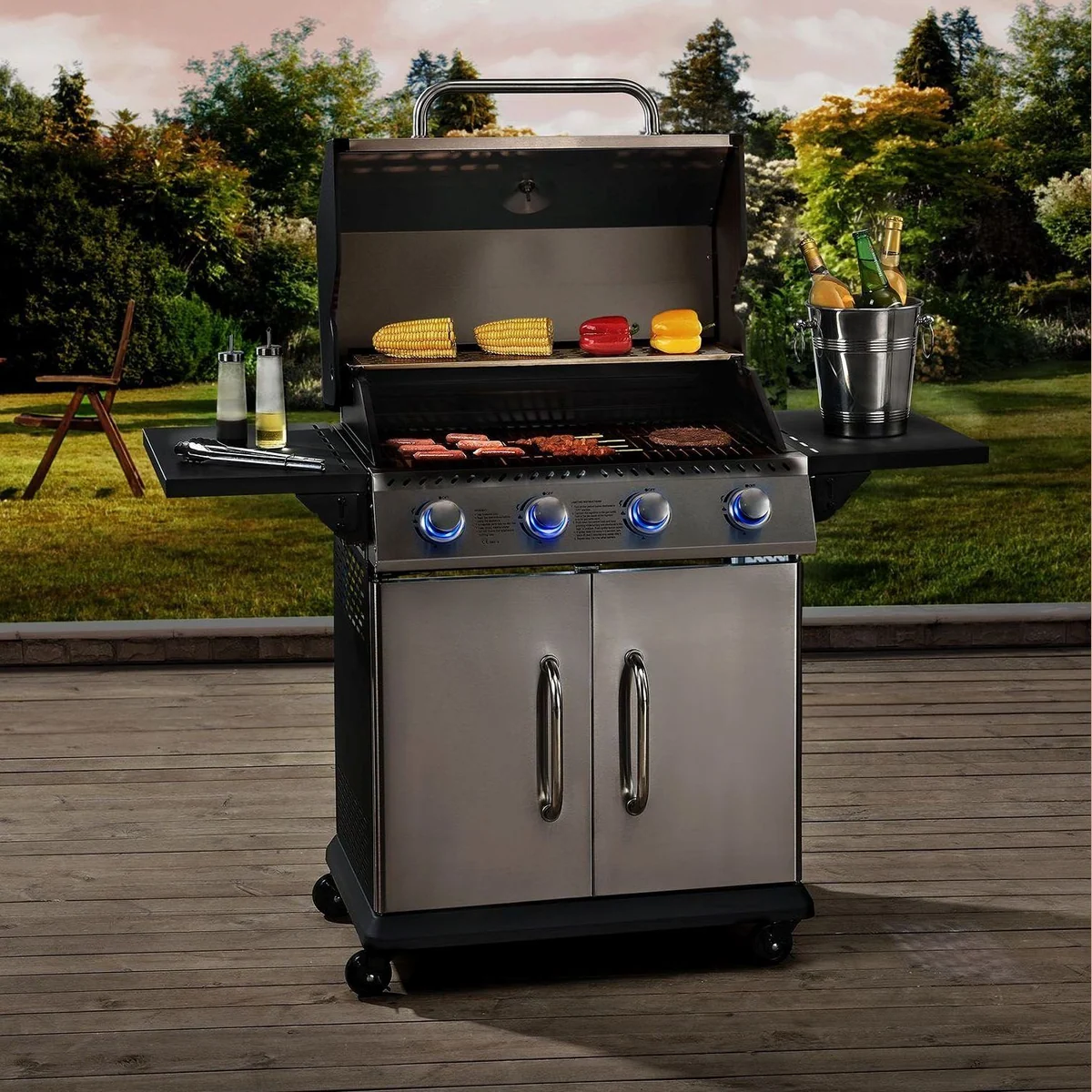 Juskys Gasgrill Kansas, 4 Brenner, 12 kW, Gusseisenrost, integriertes Thermometer 2