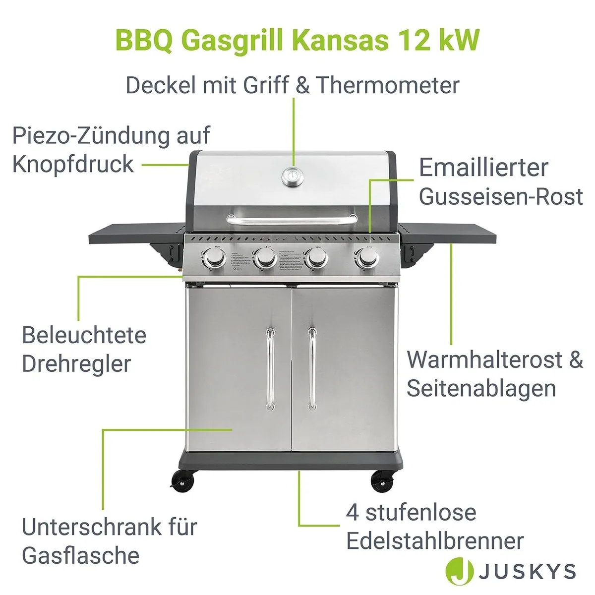 Juskys Gasgrill Kansas, 4 Brenner, 12 kW, Gusseisenrost, integriertes Thermometer 3