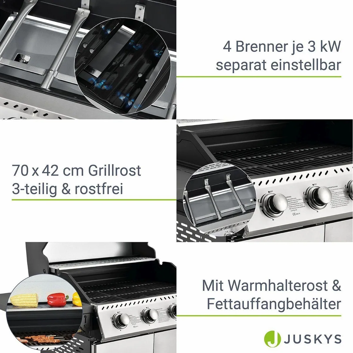 Juskys Gasgrill Kansas, 4 Brenner, 12 kW, Gusseisenrost, integriertes Thermometer 4