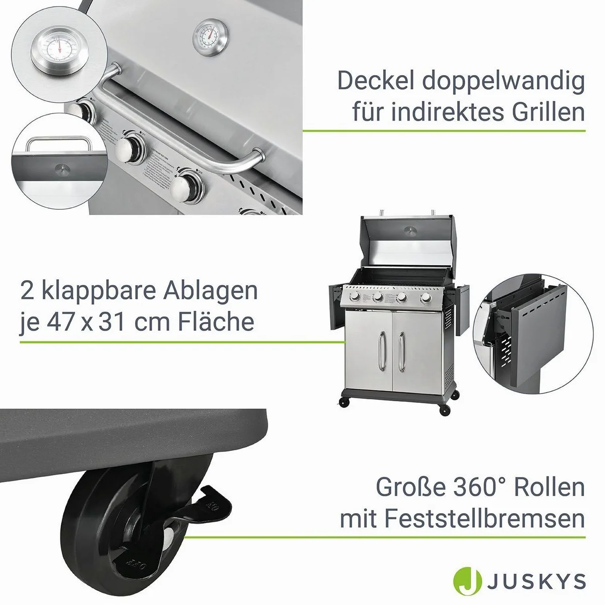 Juskys Gasgrill Kansas, 4 Brenner, 12 kW, Gusseisenrost, integriertes Thermometer 5