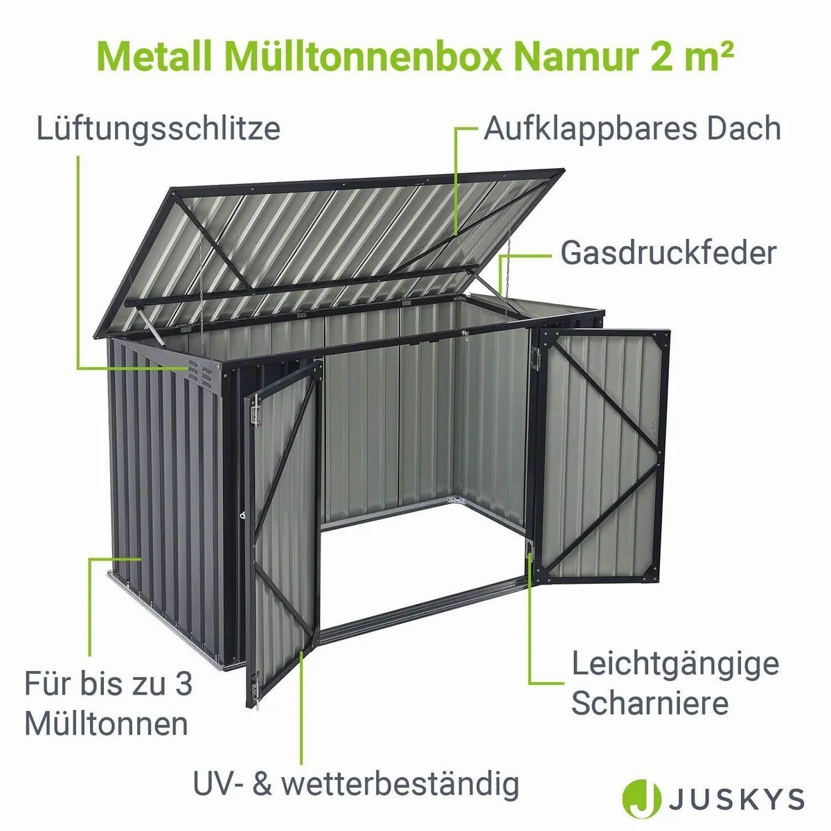 Juskys Mülltonnenbox Namur, verschließbar, Aufklappbares Dach, 3 Abfalltonnen 3