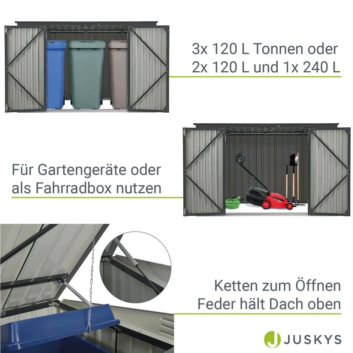 Juskys Mülltonnenbox Namur, verschließbar, Aufklappbares Dach, 3 Abfalltonnen 4