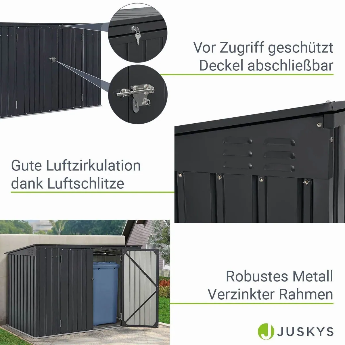 Juskys Mülltonnenbox Namur, verschließbar, Aufklappbares Dach, 3 Abfalltonnen 5