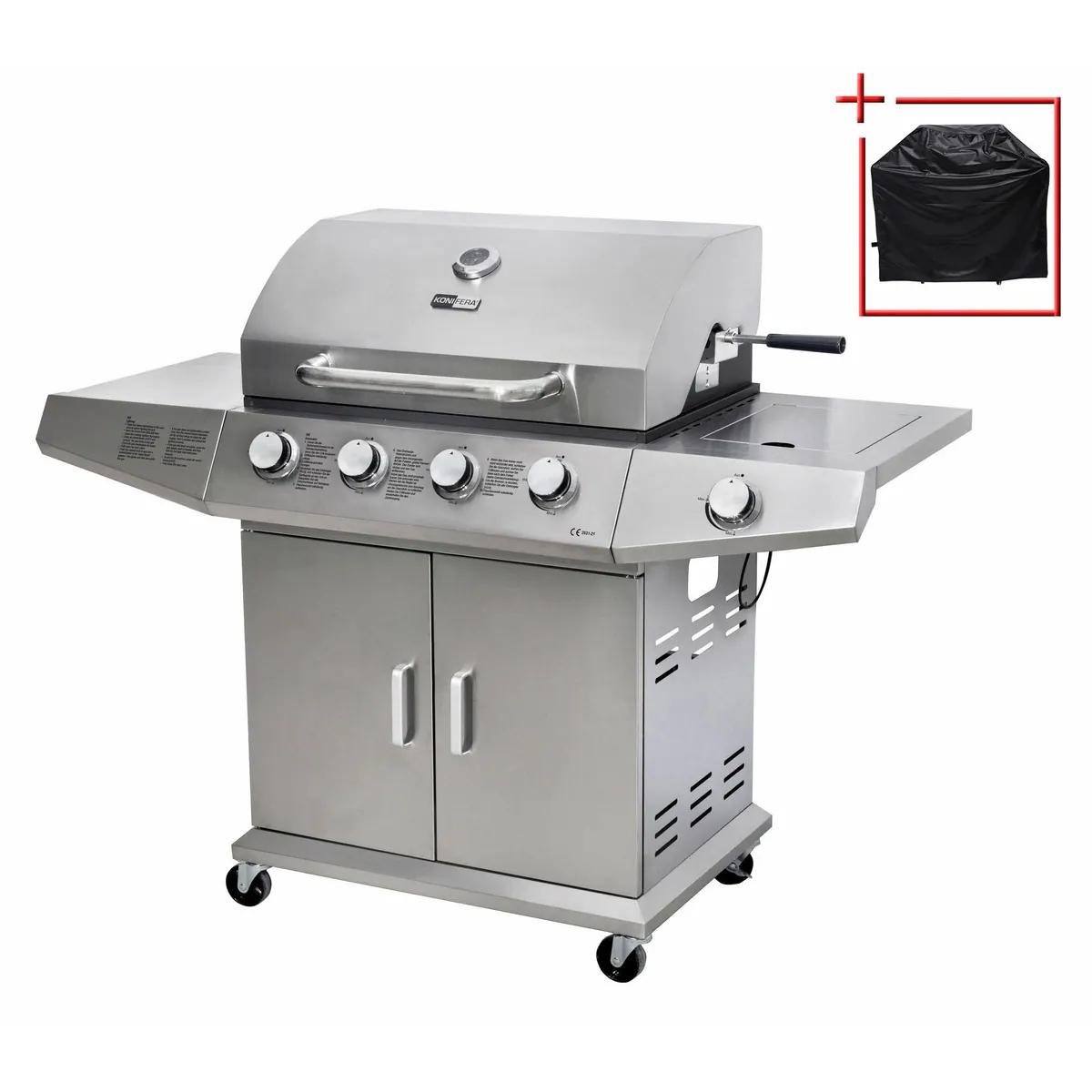 KONIFERA Richmond Gasgrill, 4 Brenner, inklusive Drehspieß und Schutzhülle — 15 kW Gesamtwärme, Edelstahl