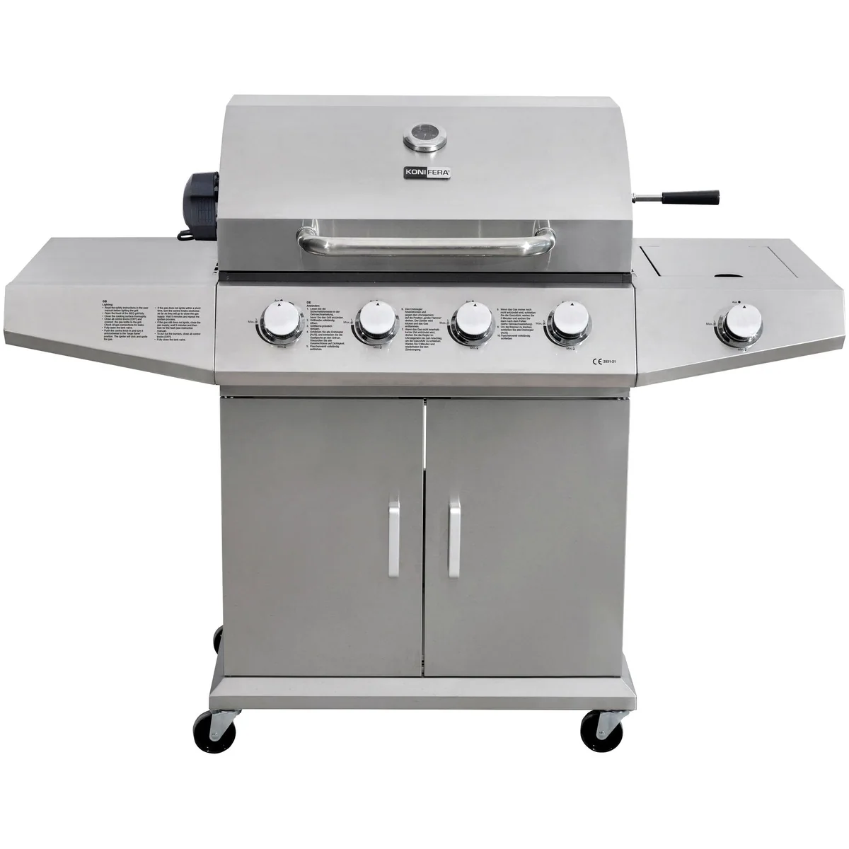 KONIFERA Richmond Gasgrill, 4 Brenner, inklusive Drehspieß und Schutzhülle — 15 kW Gesamtwärme, Edelstahl 4