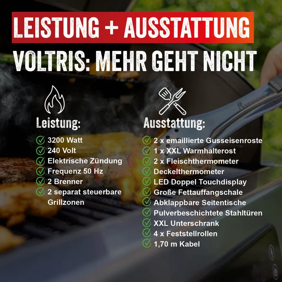LANDMANN VOLTRIS Elektro-Grillwagen, präzise Temperaturregelung, 2 Fleischthermometer, Deckelthermometer 5
