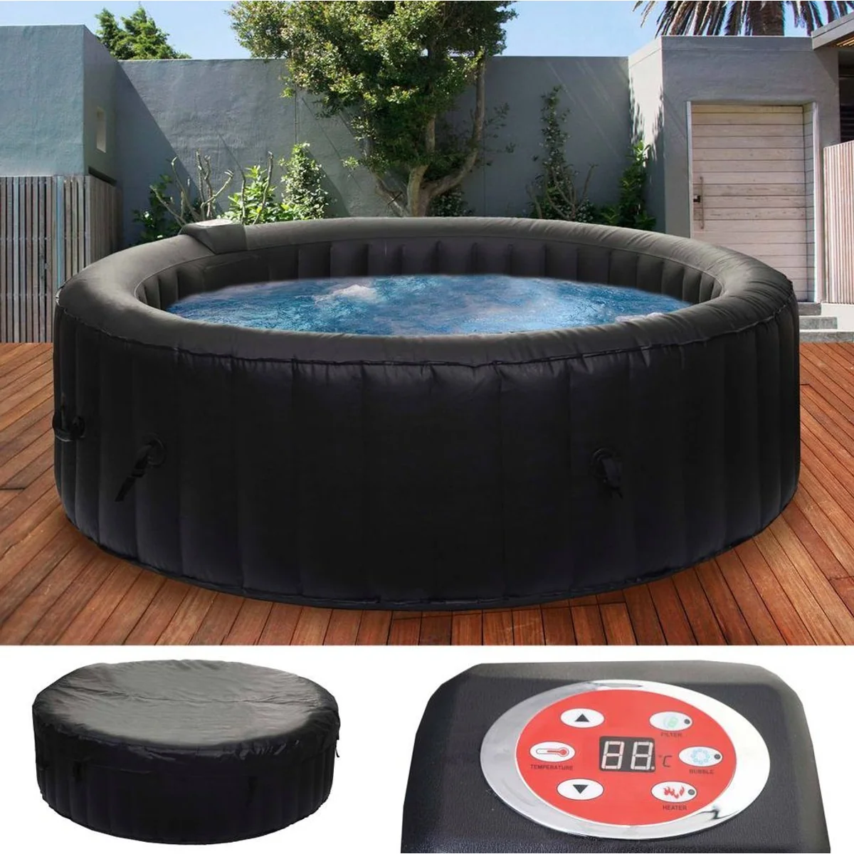 Mendler MCW-E32 Whirlpool, 4 Personen, heizbar, selbstaufblasend — Ø 180 cm, 130 Luftdüsen, digital Steuerung