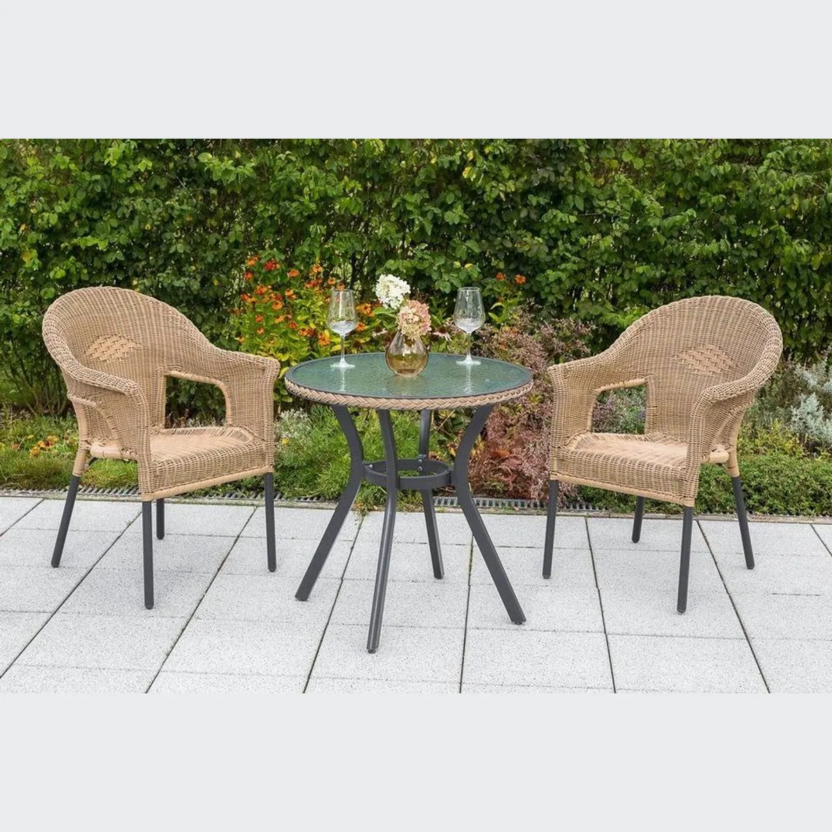 MERXX Ravenna Balkonset, Aluminiumgestell, Sicherheitsglasplatte, stapelbare Sessel