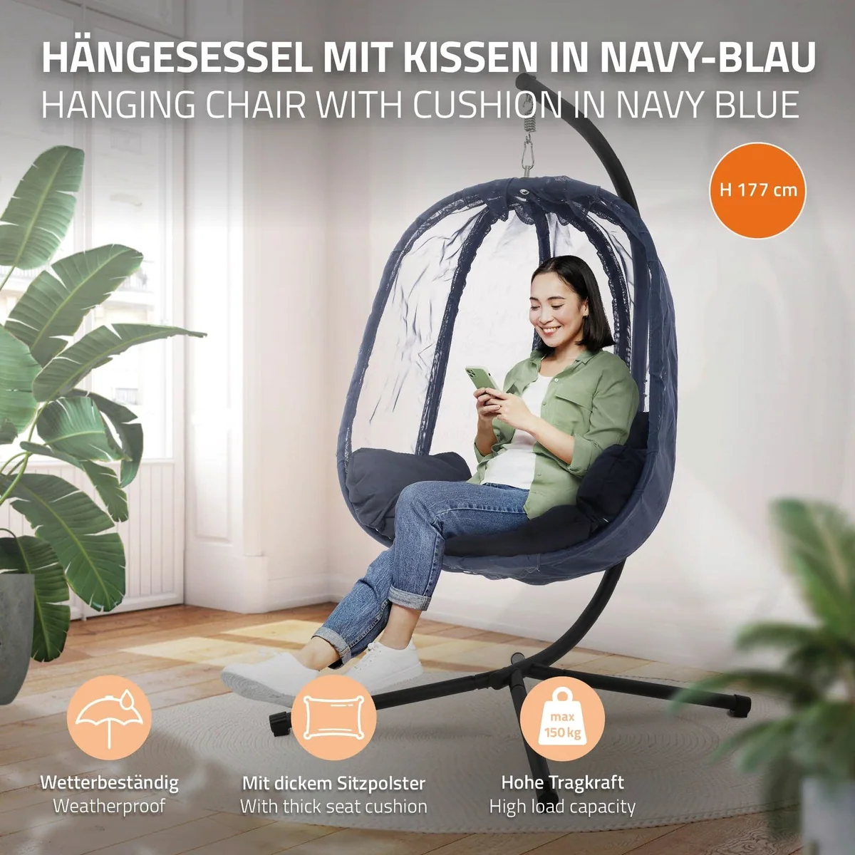 ML-DESIGN Hängesessel mit Gestell, Navyblau, 177 cm hoch, X-förmige Basis 2